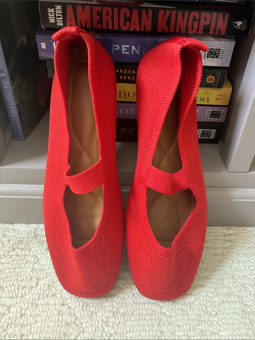Women’s Red Knit Square Toe Mary Jane Flats Size 41 (10/10.5)